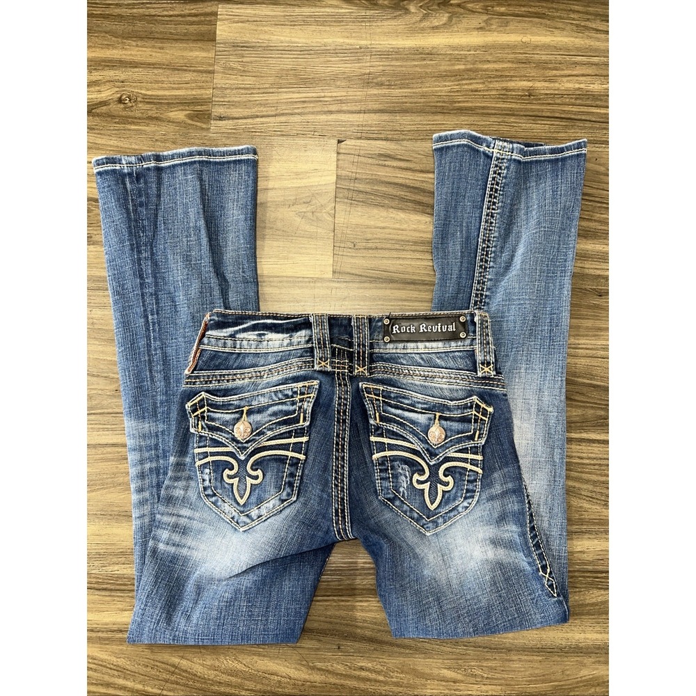 Rock Revival Christina Bootcut Jeans Blue Distressed Fleur De Lis Size 26x29